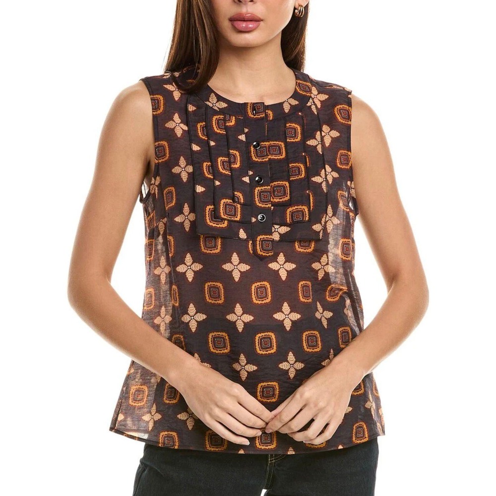Cabi XS Geometric Print Sleeveless Blouse – Designer Boho Brown Pattern Top